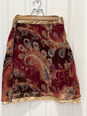 Y2K Star City Burgundy Paisley A-Line Skirt with Gold Trim